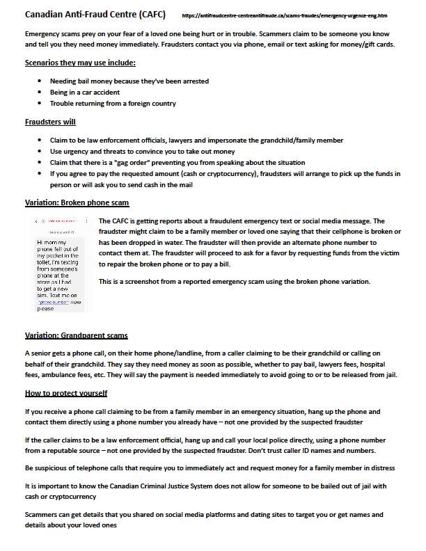 Canadian Anti-Fraud Centre emergency scam guidance