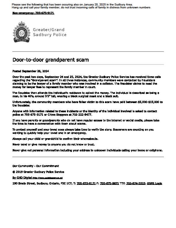 Greater Sudbury Police door-to-door grandparent scam notice