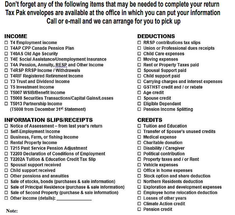 Tax return checklist